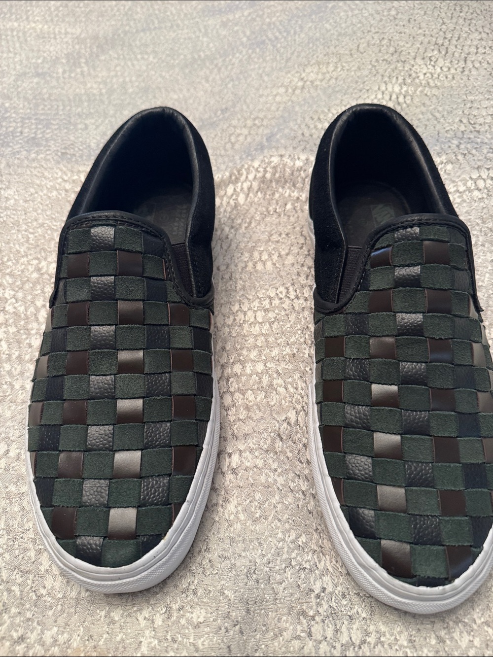 Barneys New York Slip-On Woven Checkerboard Sneakers in Green and Black Leather